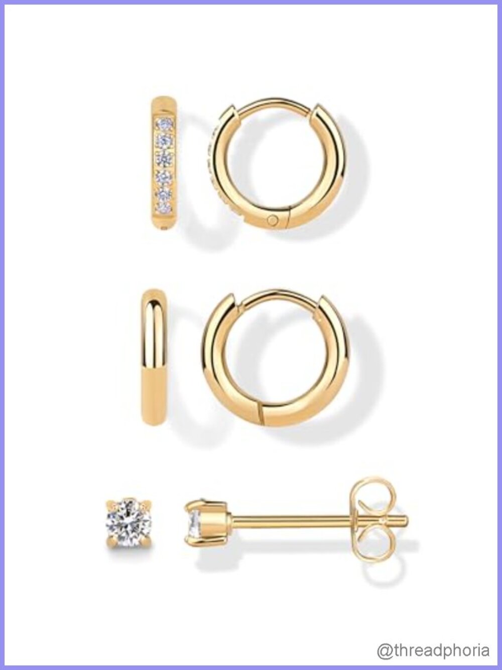 Waterproof Huggie Hoop Earrings Set of 3, Cubic Zirconia Studs, Stainless Steel